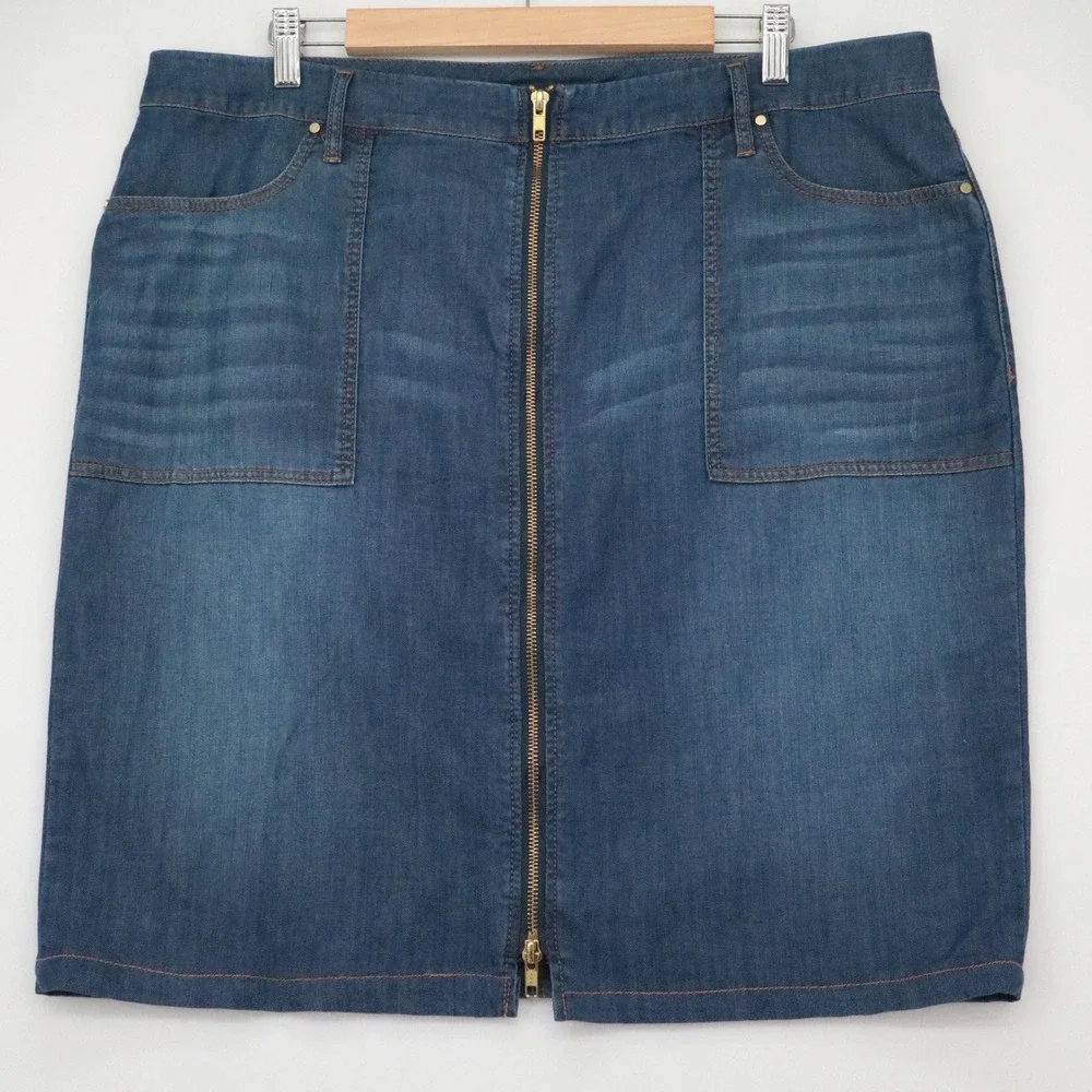 Chicos Sz 3 Denim Jean Skirt Womens 16 (XL) Front Two Way Zipper Knee Length